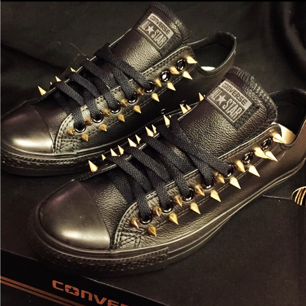 Black leather Converse gold spikes sneakers